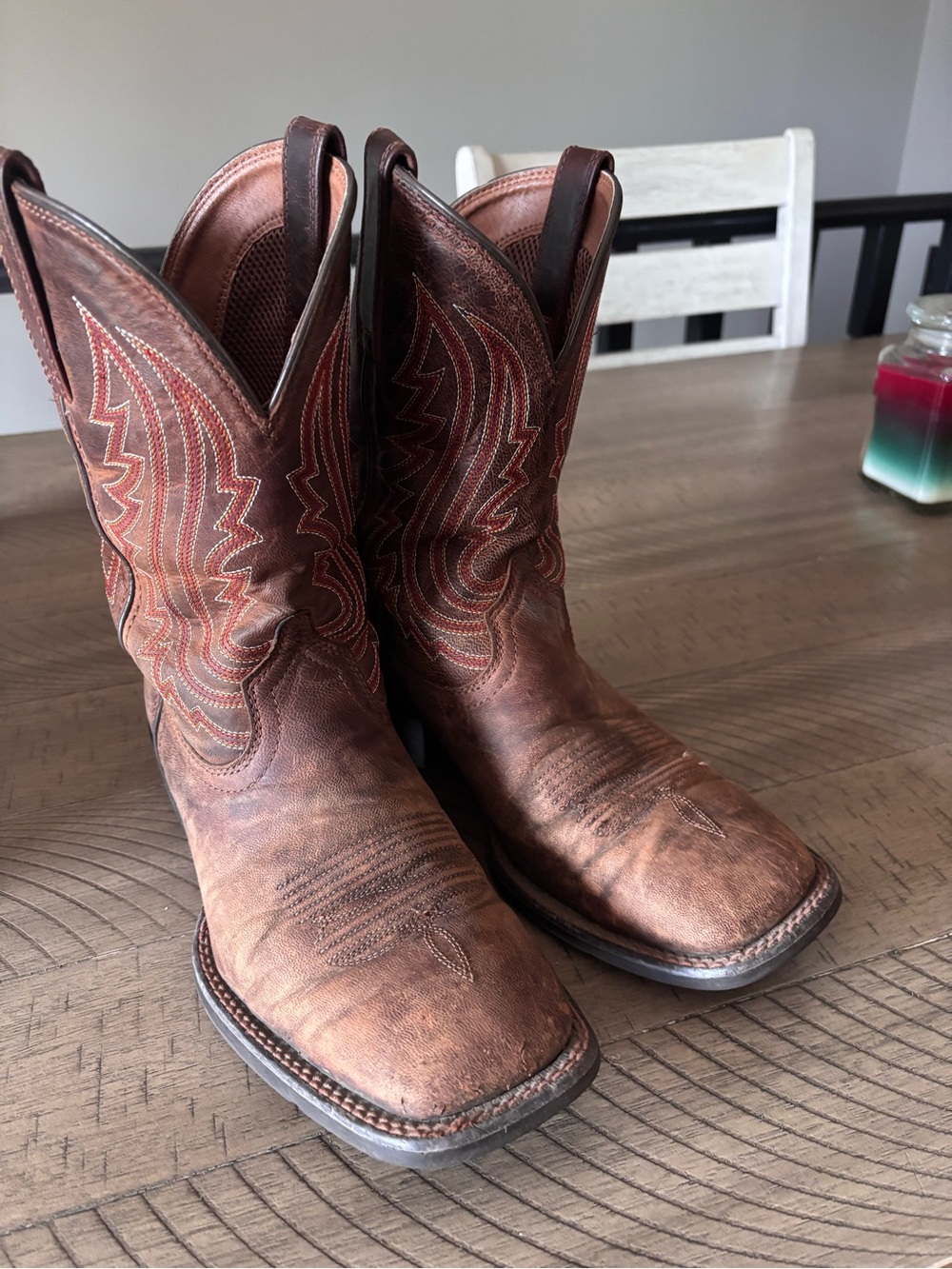 Ariat Brown Leather Western Boots with Red Stitching